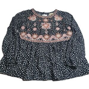 Savanna Jane Embroidered Floral‎ Shirt Womens Size Small Black Polka Dot Boho